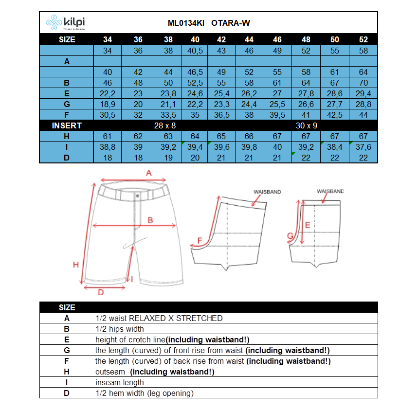 Dames outdoor 3/4 broek Kilpi OTARA-W – Maattabel