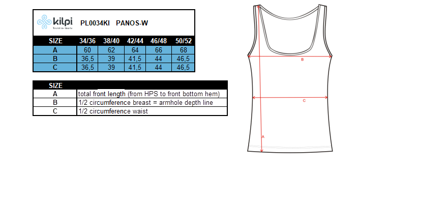 Naadloze top voor dames Kilpi PANOS-W – Maattabel