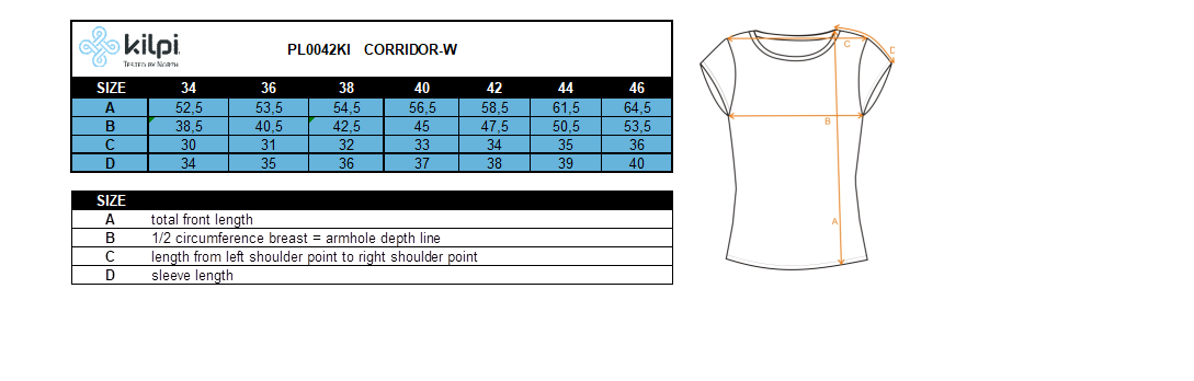 Dames team wielershirt Kilpi CORRIDOR-W – Maattabel