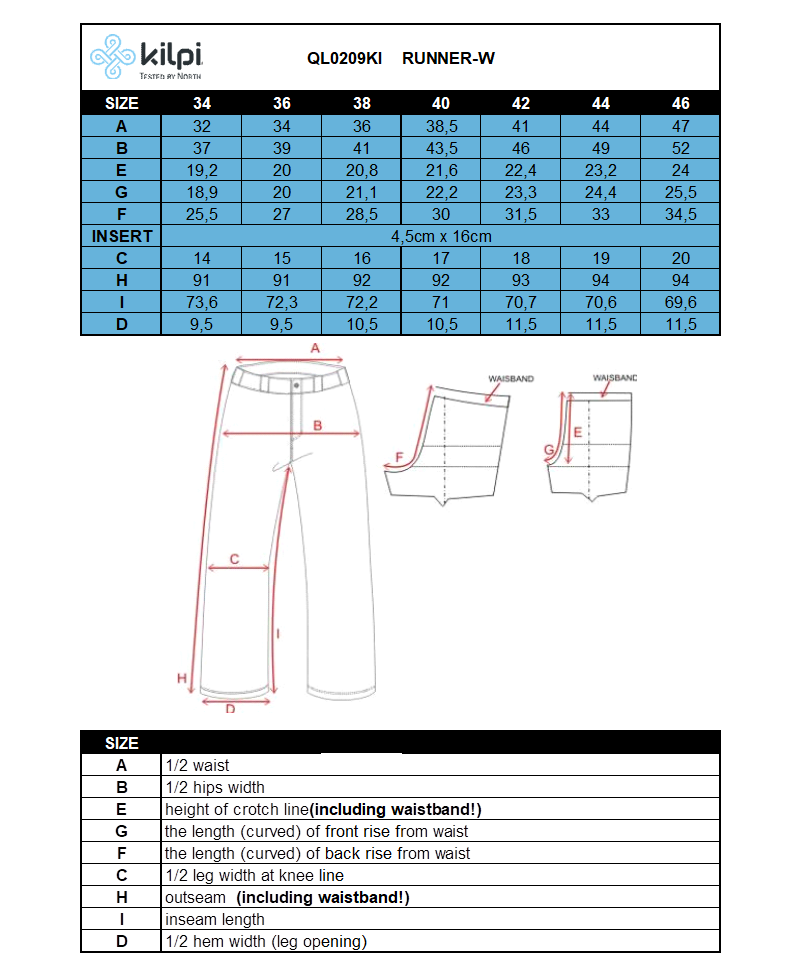 Women´s running leggins Kilpi RUNNER-W – Size chart