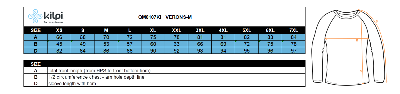 Men´s outdoor jacket Kilpi VERONS-M – Size chart