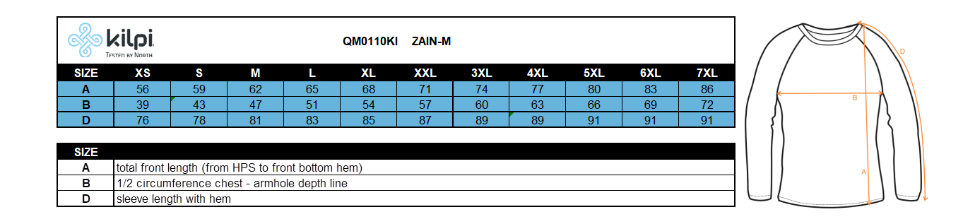 Men´s softshell jacket Kilpi ZAIN-M – Size chart
