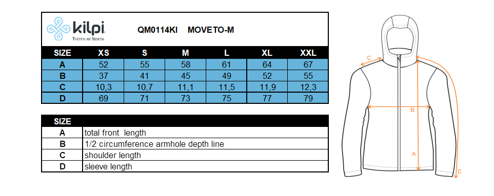 Heren fietsshirt Kilpi MOVETO-M – Maattabel