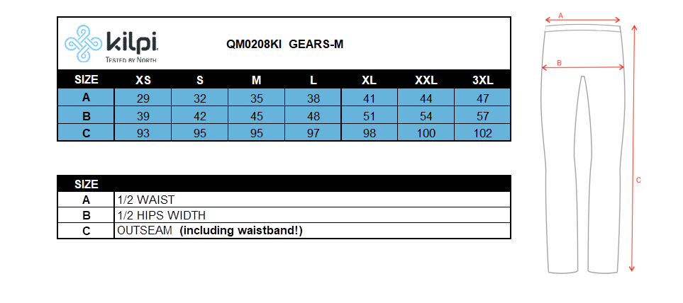 Heren hardlooplegging Kilpi GEARS-M – Maattabel