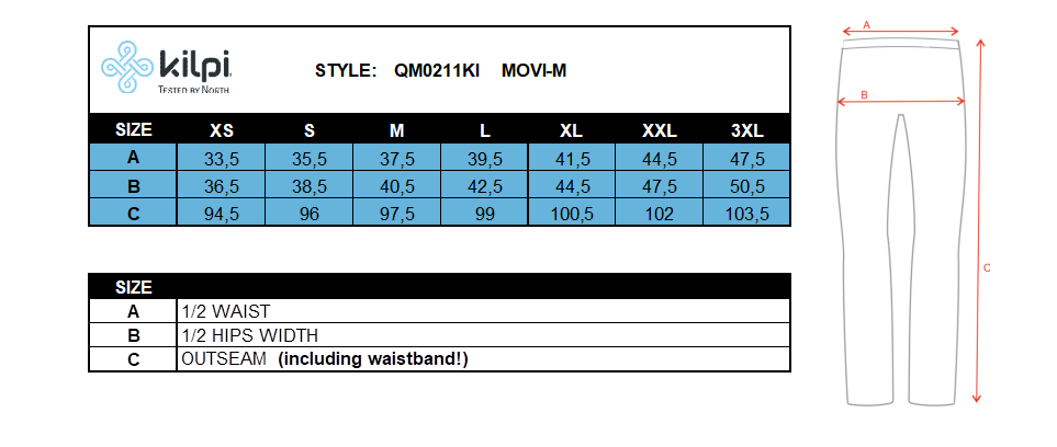 Men´s cycling leggings Kilpi MOVI-M – Size chart