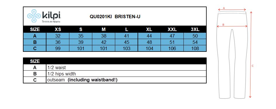Toerskiënbroek Kilpi BRISTEN-U – Maattabel