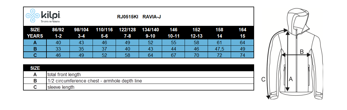 Girl´s softshell jacket Kilpi RAVIA-J – Size chart