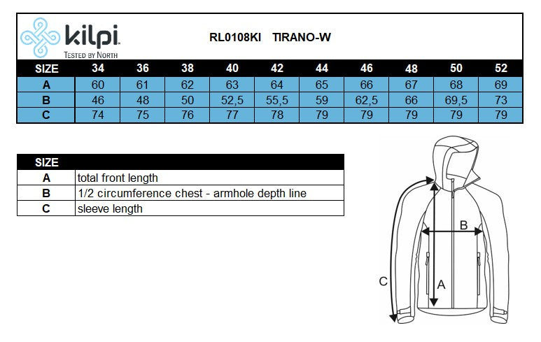 Women's running jacket Kilpi TIRANO-W – Size chart