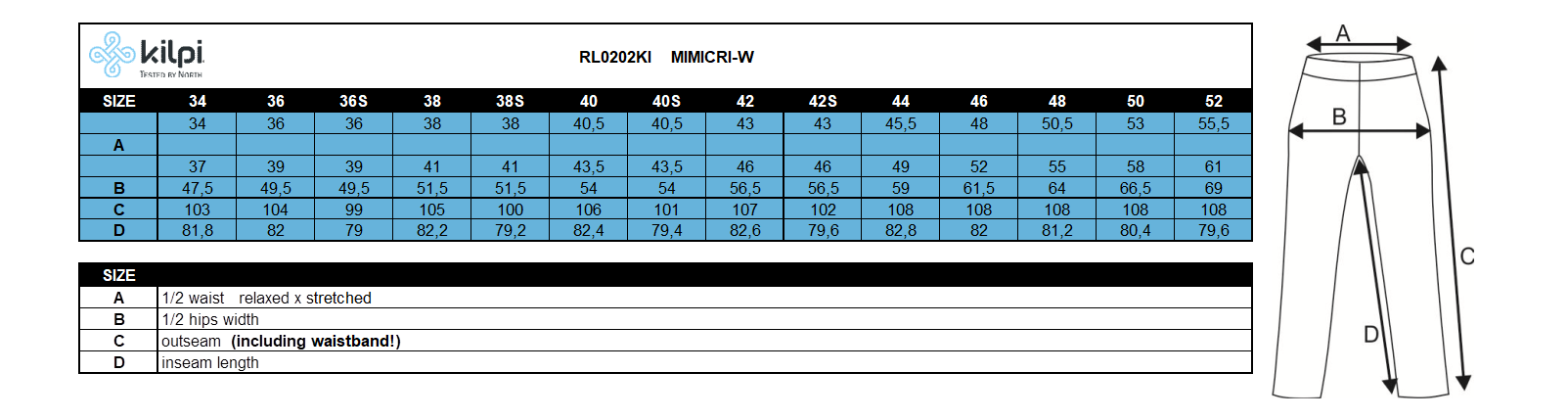 Women's outdoor pants Kilpi MIMICRI-W – Size chart