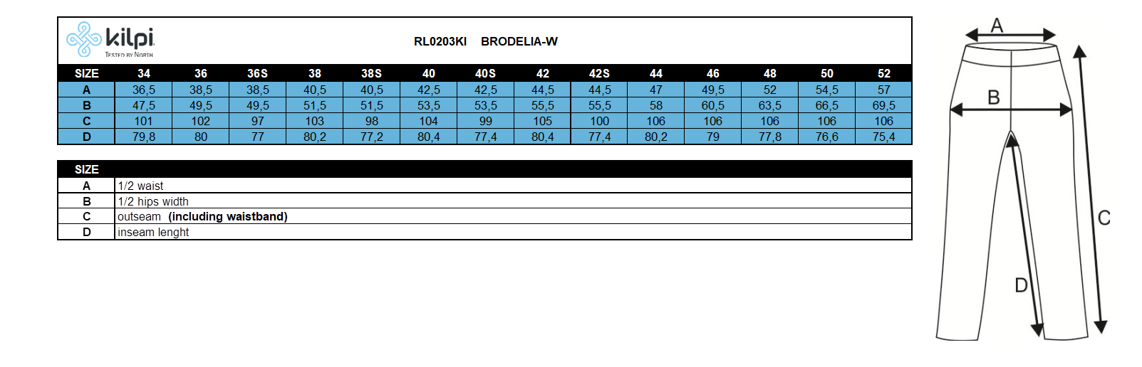 Women's outdoor pants Kilpi BRODELIA-W – Size chart