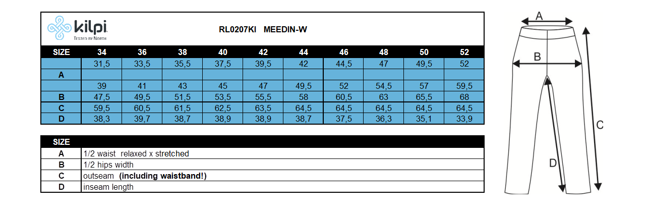 Dames 3/4 outdoorbroek Kilpi MEEDIN-W – Maattabel