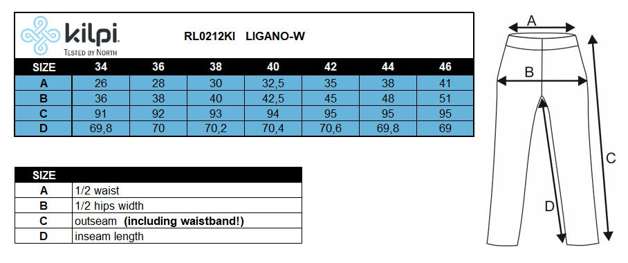 Dames fitnesslegging Kilpi LIGANO-W – Maattabel