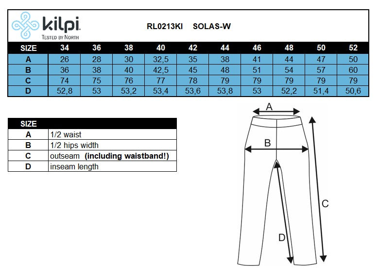 Dames 3/4 fitnesslegging Kilpi SOLAS-W – Maattabel