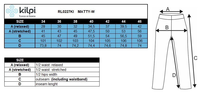 Damesbroek Kilpi MATTY-W – Maattabel