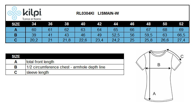 Dames technisch t-shirt Kilpi LISMAIN-W – Maattabel