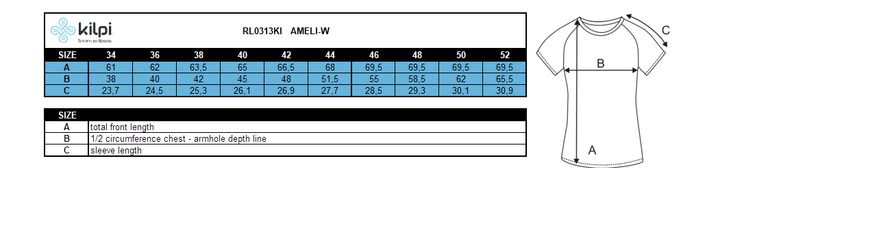 Women´s technical t-shirt Kilpi AMELI-W – Size chart