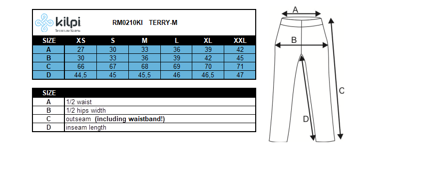 Heren 3/4 legging Kilpi TERRY-M – Maattabel