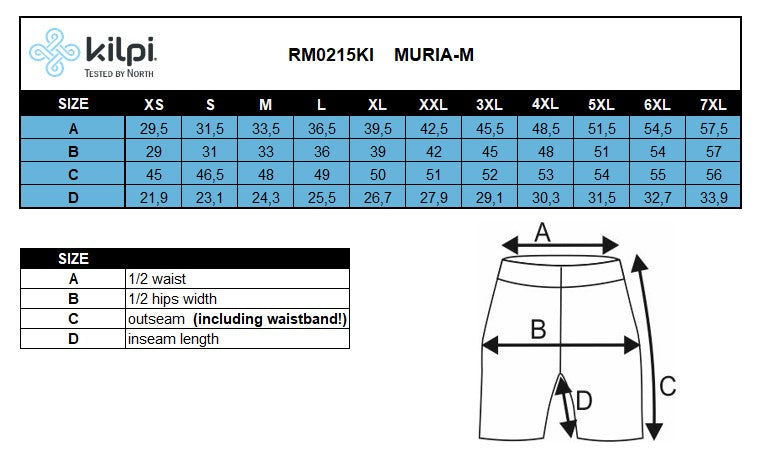 Men's cycling shorts Kilpi MURIA-M – Size chart