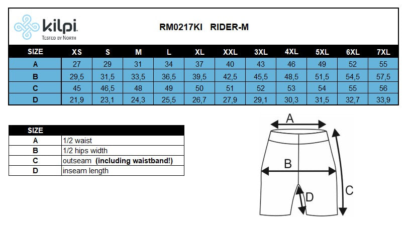 Heren fietsbroek Kilpi RIDER-M – Maattabel
