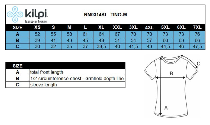 Heren fietsshirt Kilpi TINO-M – Maattabel