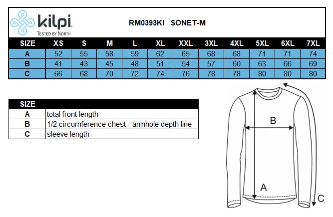 Heren merino wollen fietsshirt met lange mouwen Kilpi SONET-M – Maattabel
