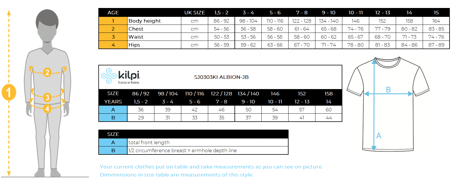 Boy´s cotton t-shirt Kilpi ALBION-JB – Size chart