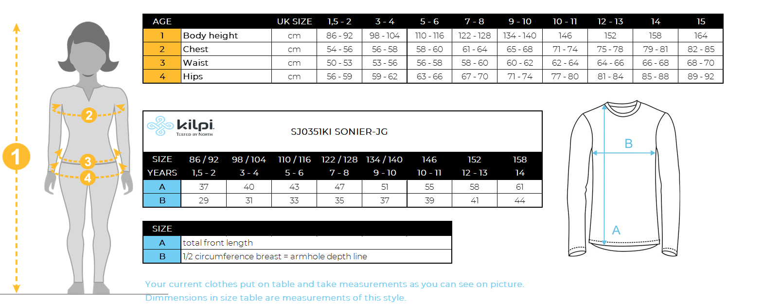 Girl´s long sleeve t-shirt Kilpi SONIER-JG – Size chart