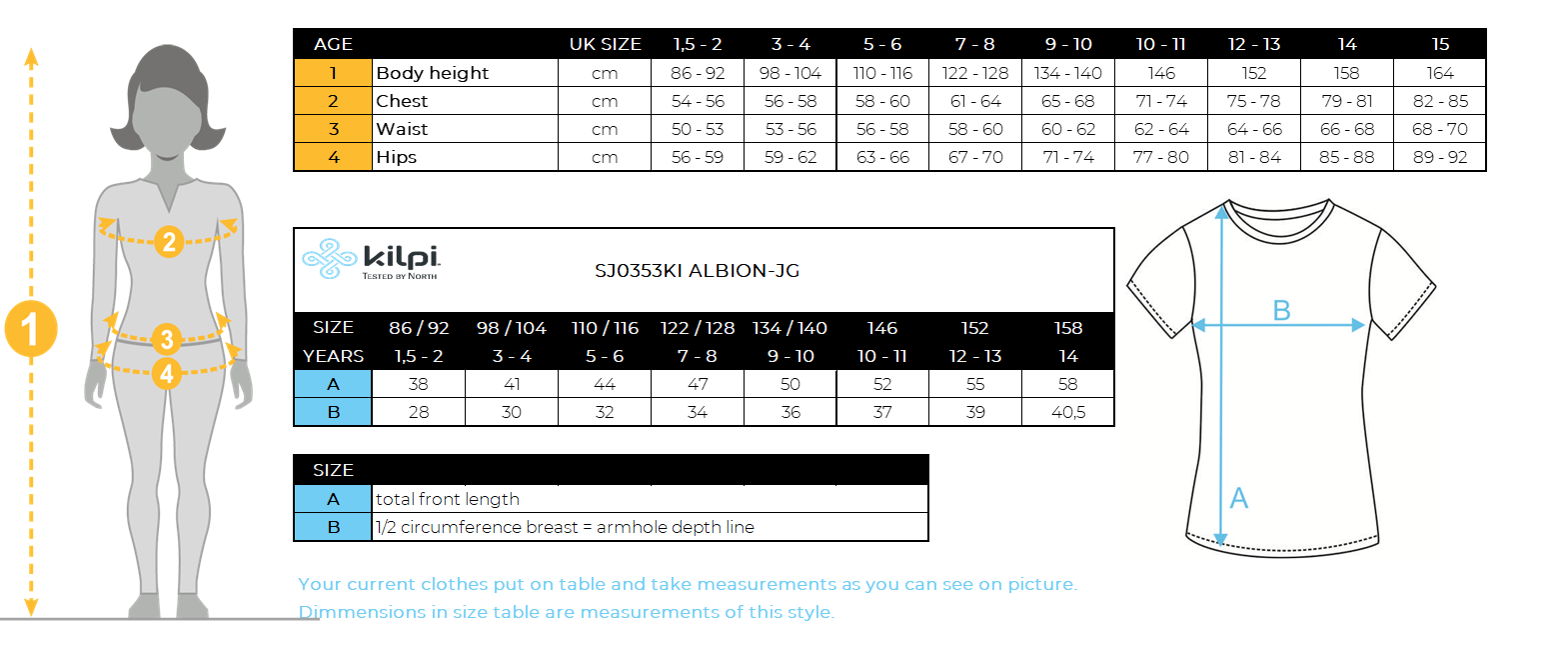 Girl´s cotton t-shirt Kilpi ALBION-JG – Size chart