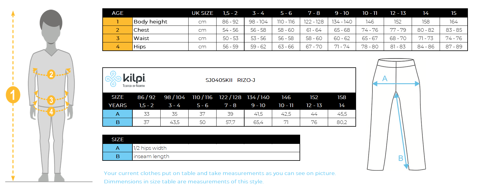 Kid´s softshell outdoor pants Kilpi RIZO-J – Size chart