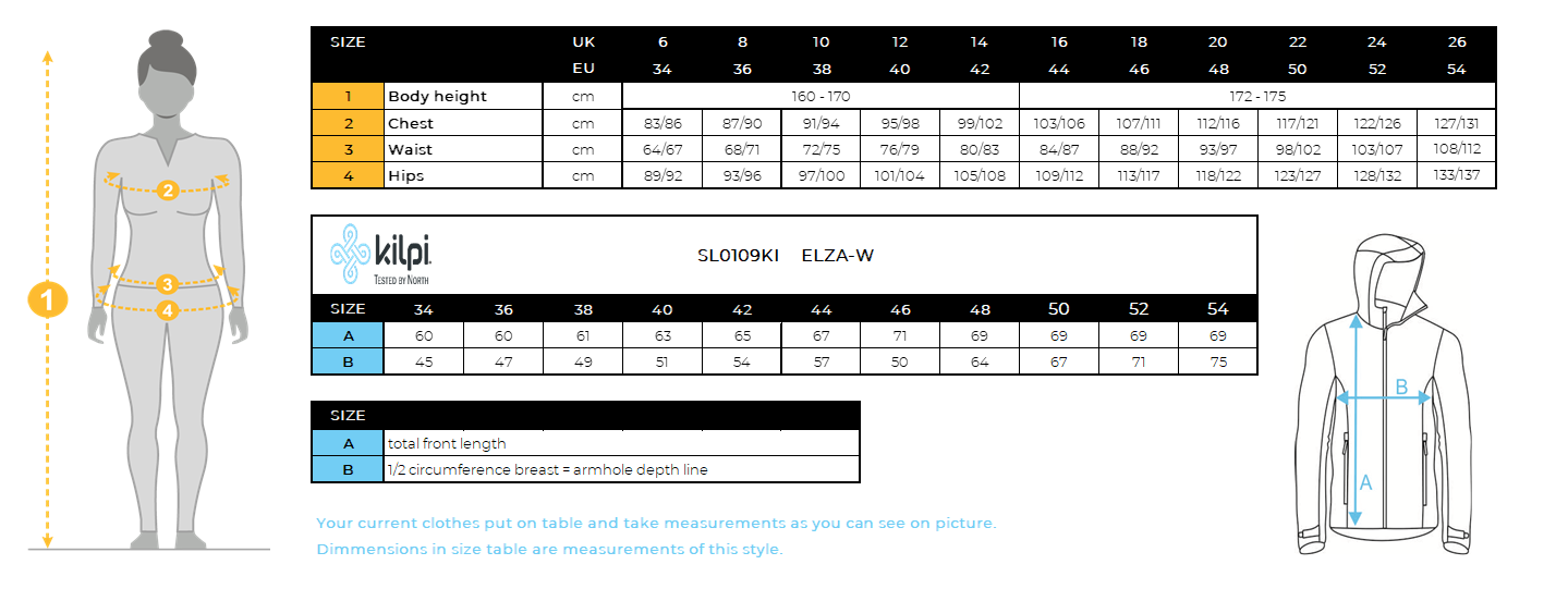 Women´s ski jacket Kilpi ELZA-W – Size chart