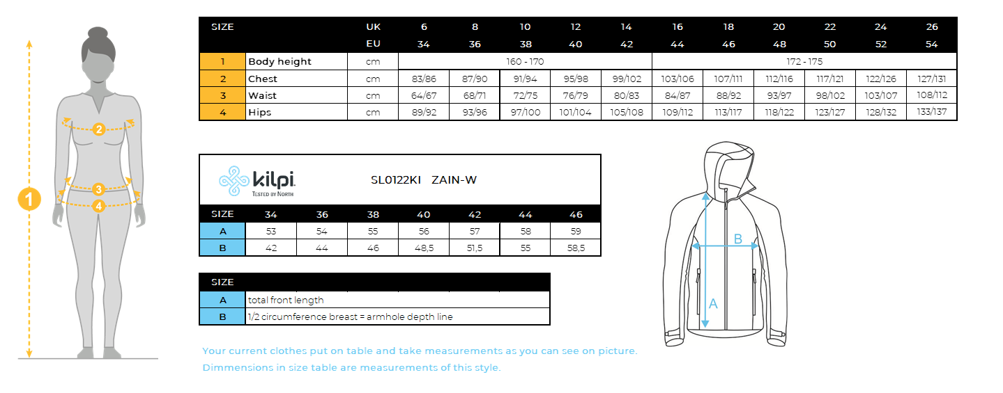 Women´s softshell jacket Kilpi ZAIN-W – Size chart
