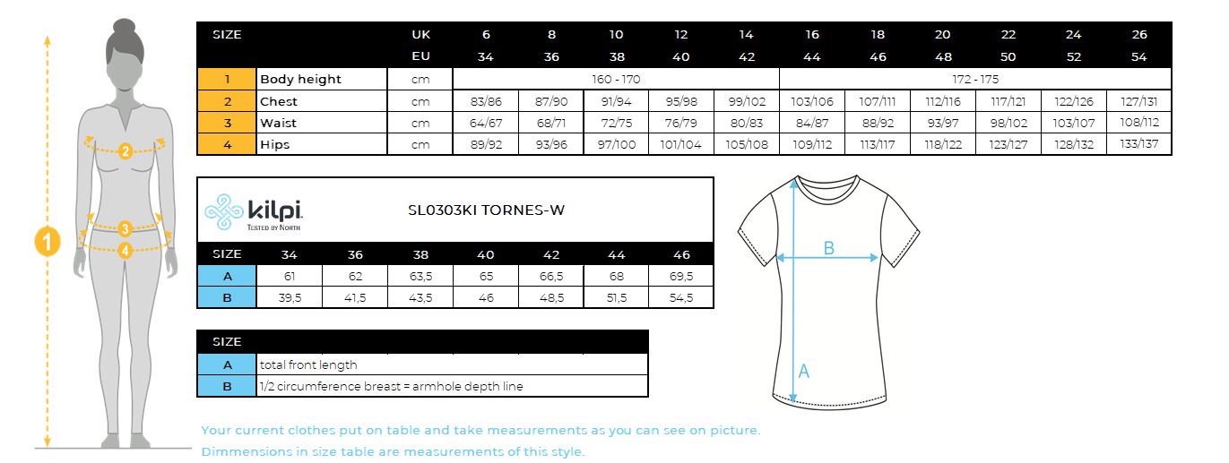 Women´s t-shirt Kilpi TORNES-W – Size chart
