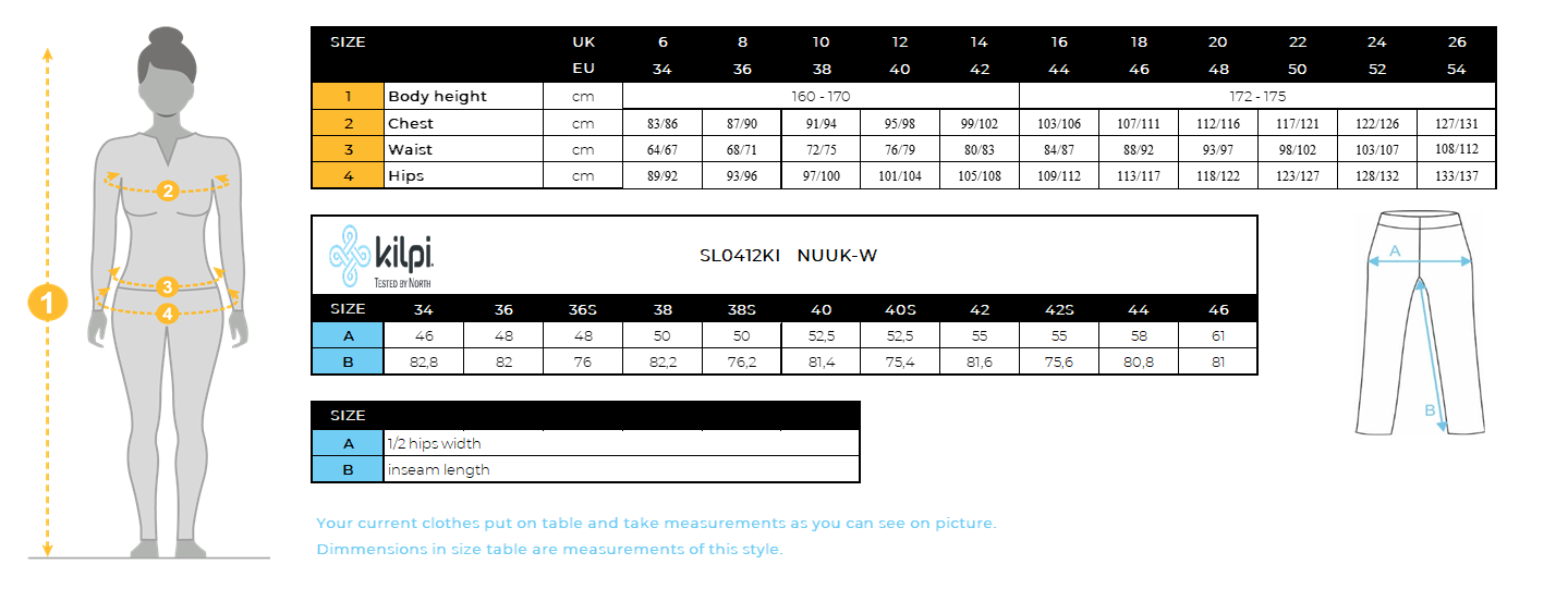 Women´s outdoor pants Kilpi NUUK-W – Size chart
