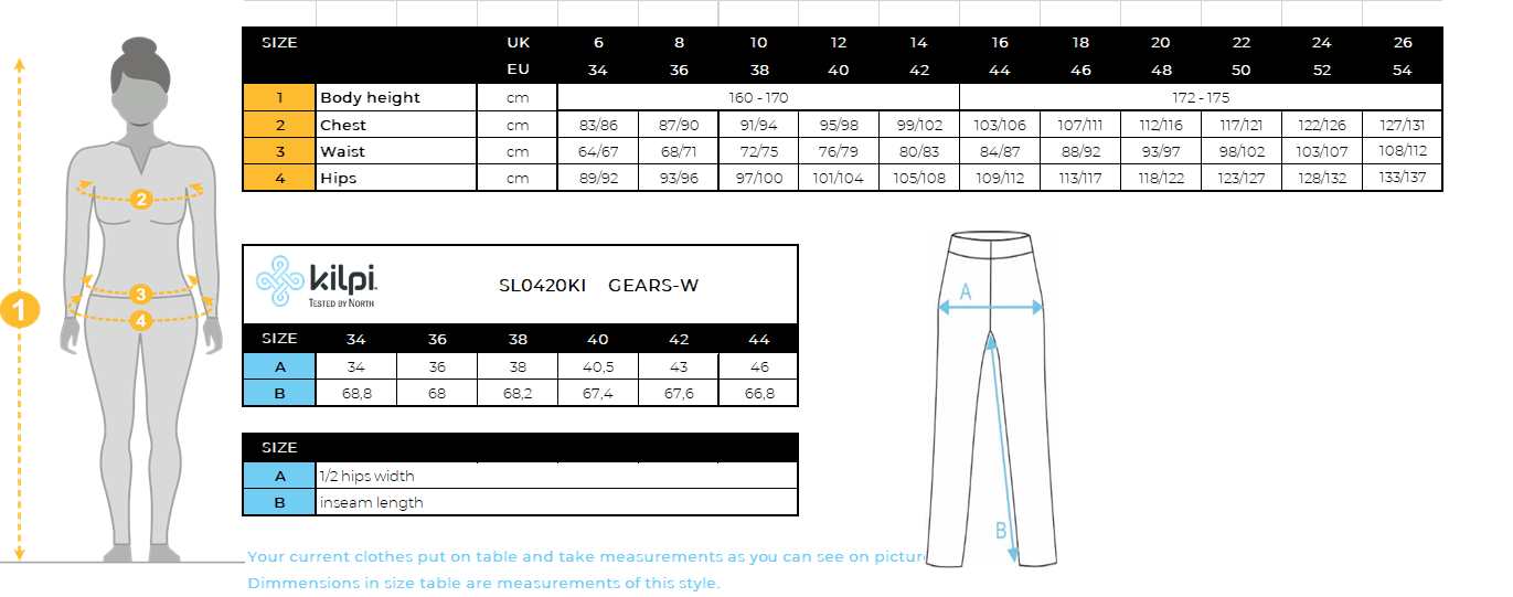 Dames hardlooplegging KILPI GEARS-W – Maattabel