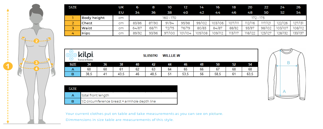 Women´s base layer Kilpi WILLIE-W – Size chart