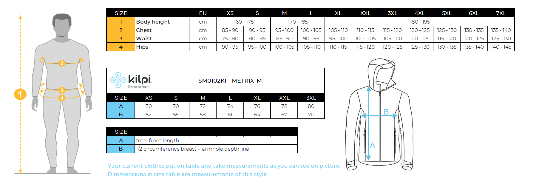 Men´s outdoor jacket Kilpi METRIX-M – Size chart