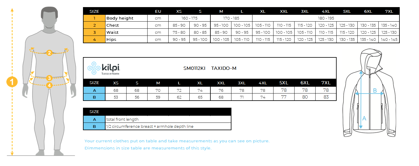 Heren ski-jas Kilpi TAXIDO-M – Maattabel