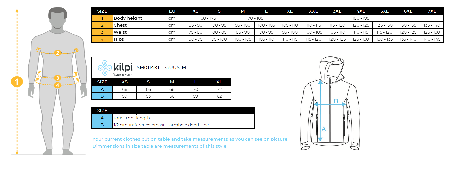 Men´s down jacket Kilpi GUUS-M – Size chart