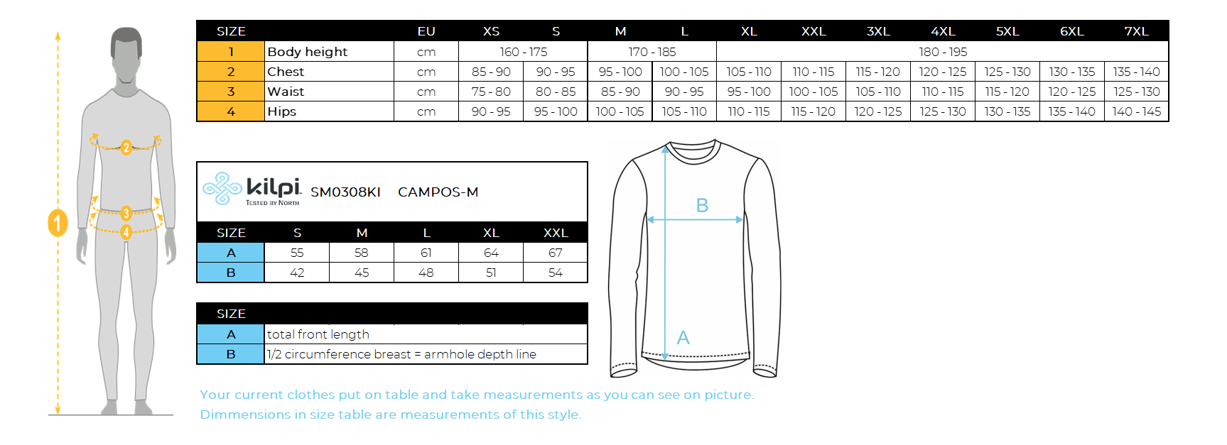 Heren lange mouw fietsshirt Kilpi CAMPOS-M – Maattabel