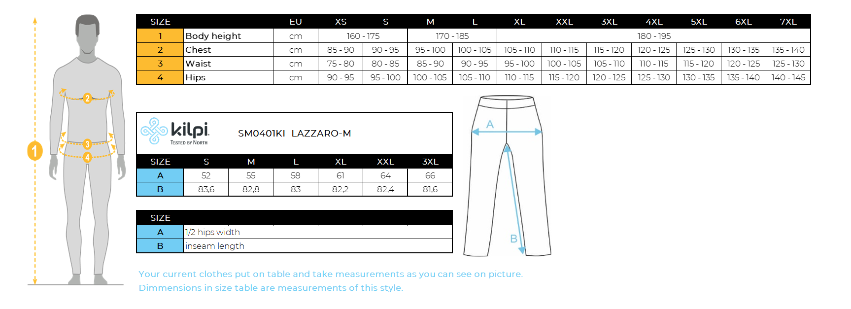 Men´s hardshell pants Kilpi LAZZARO-M – Size chart