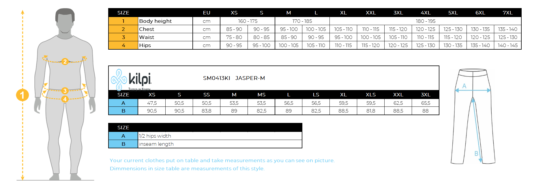 Men's outdoor pants Kilpi JASPER-M – Size chart