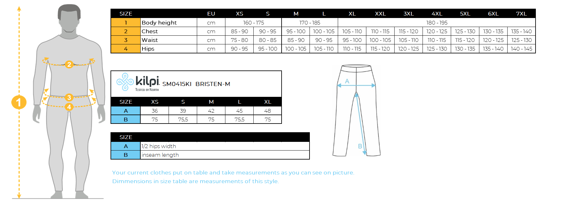 Heren skitourbroek Kilpi BRISTEN-M – Maattabel