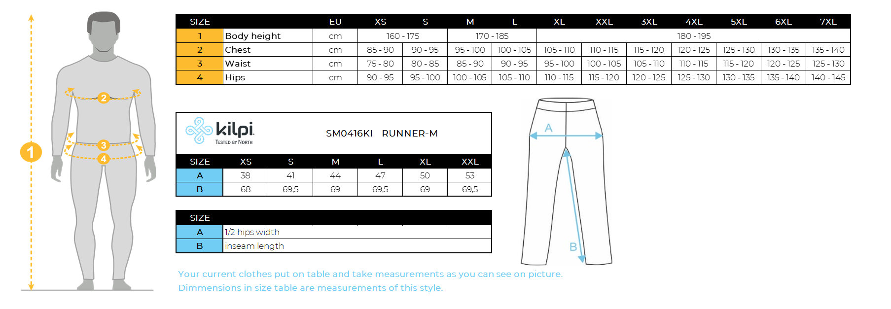 Heren hardlooplegging Kilpi RUNNER-M – Maattabel