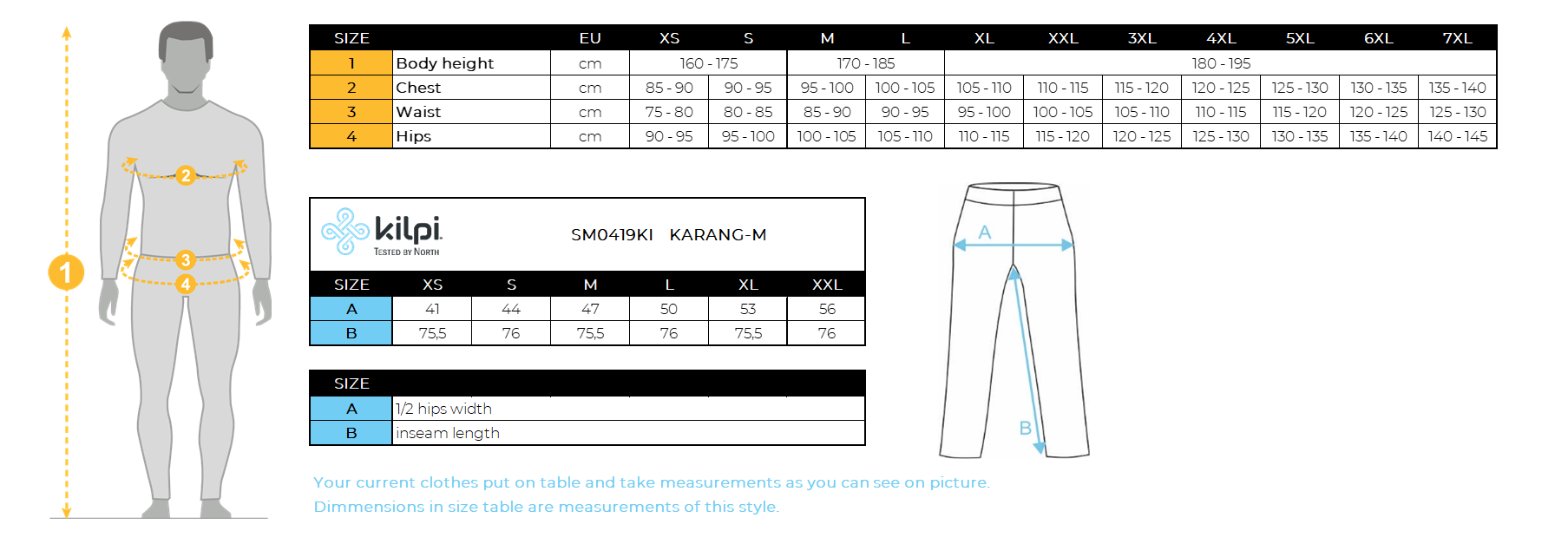 Heren crosscountrylegging Kilpi KARANG-M – Maattabel