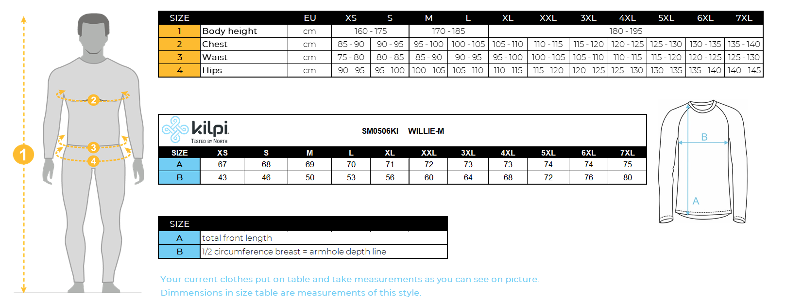 Men´s base layer Kilpi WILLIE-W – Size chart