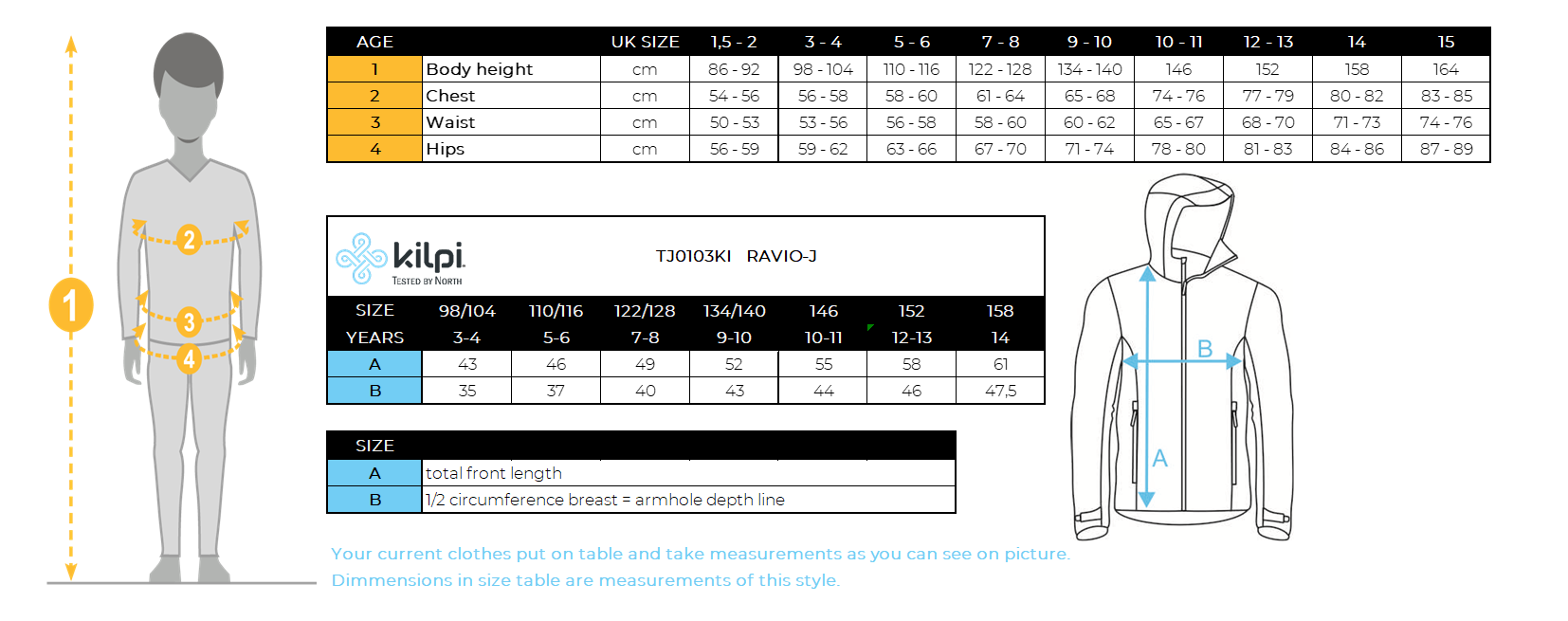 Boy´s softshell jacket Kilpi RAVIO-J – Size chart