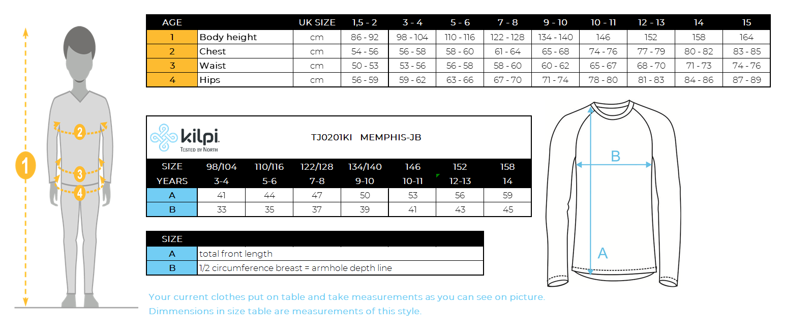 Boy´s technical sweatshirt Kilpi MEMPHIS-JB – Size chart