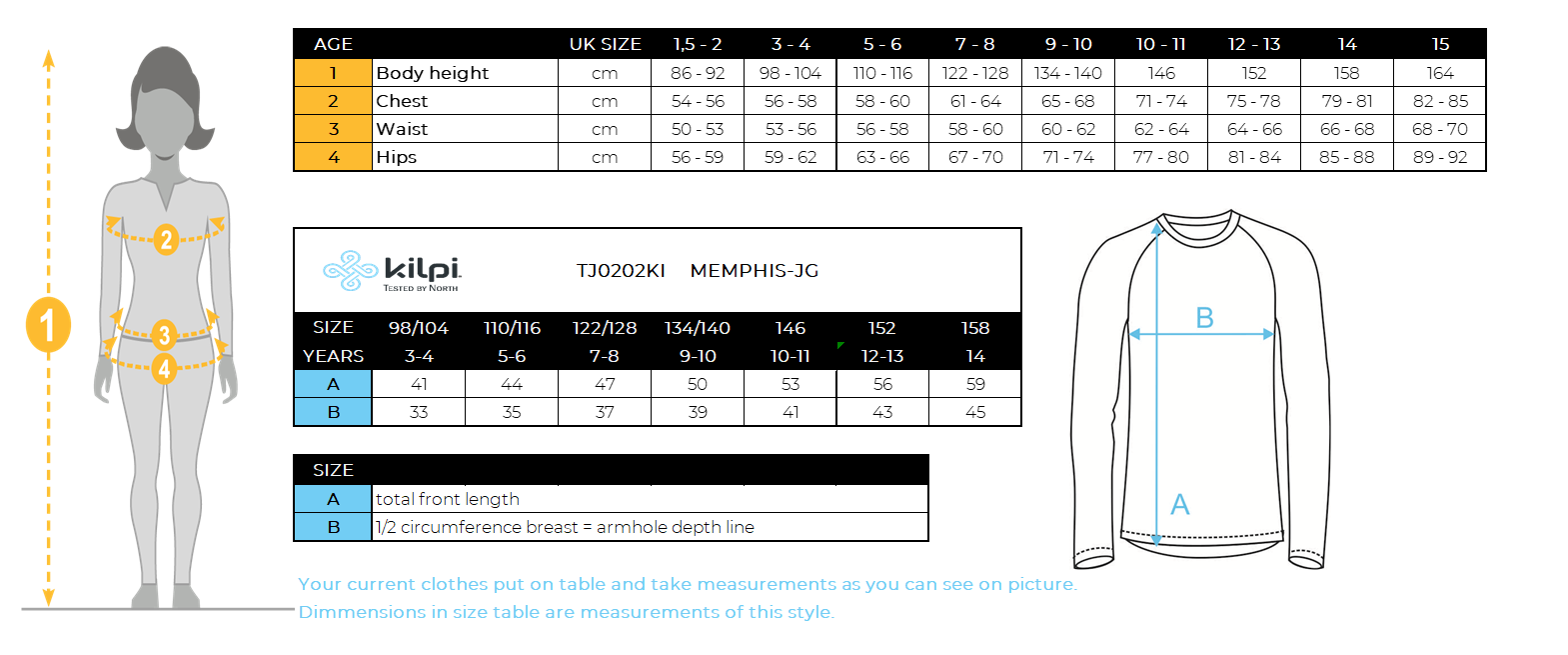 Girl´s technical sweatshirt Kilpi MEMPHIS-JG – Size chart