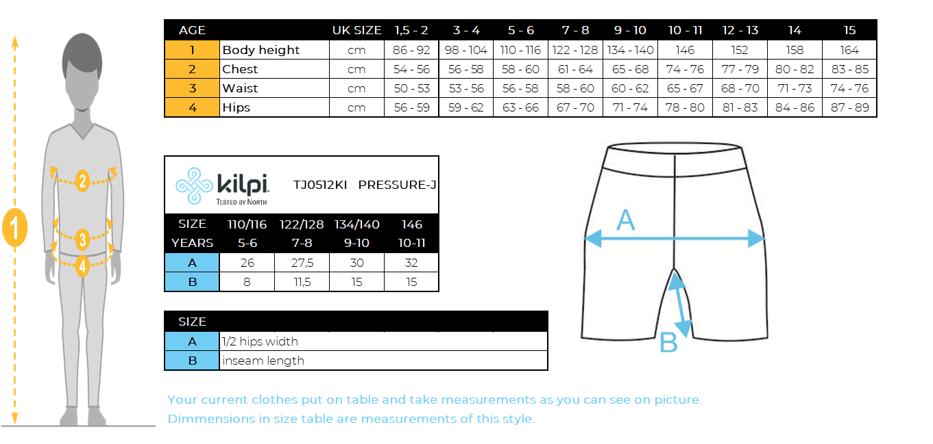 Kid´s cycling shorts Kilpi PRESSURE-J – Size chart