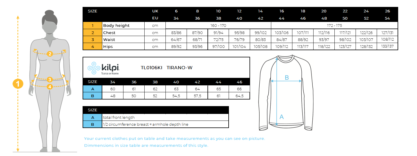 Women´s ultralight running windbraker Kilpi TIRANO-W – Size chart